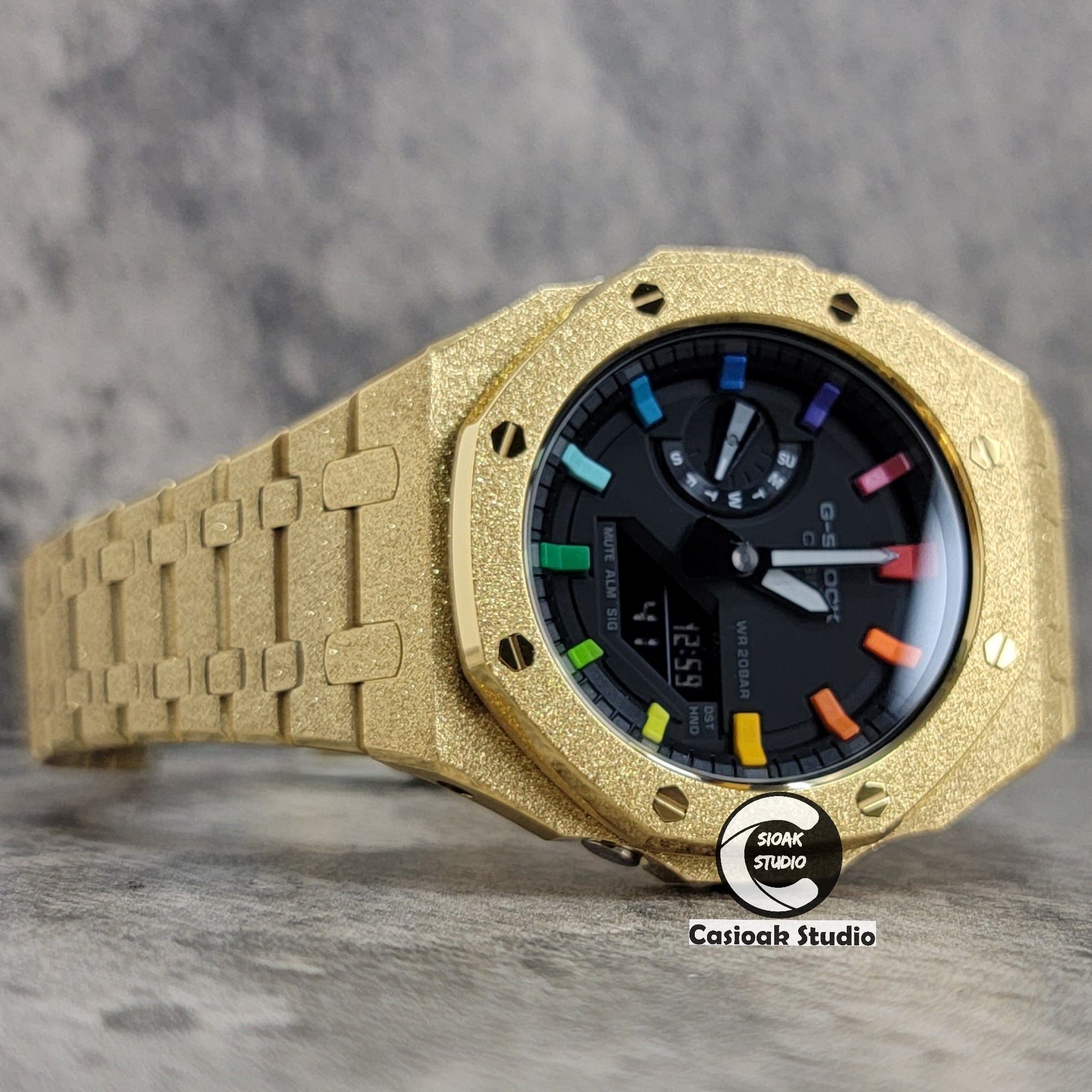 Casioak Mod Watch Frosted Gold Case Metal Strap Black Rainbow Time Mark Black Dial 44mm- Casioak Mod Casio G-Shock Royal Oak Custom Mens Luxury Watches Ga2100