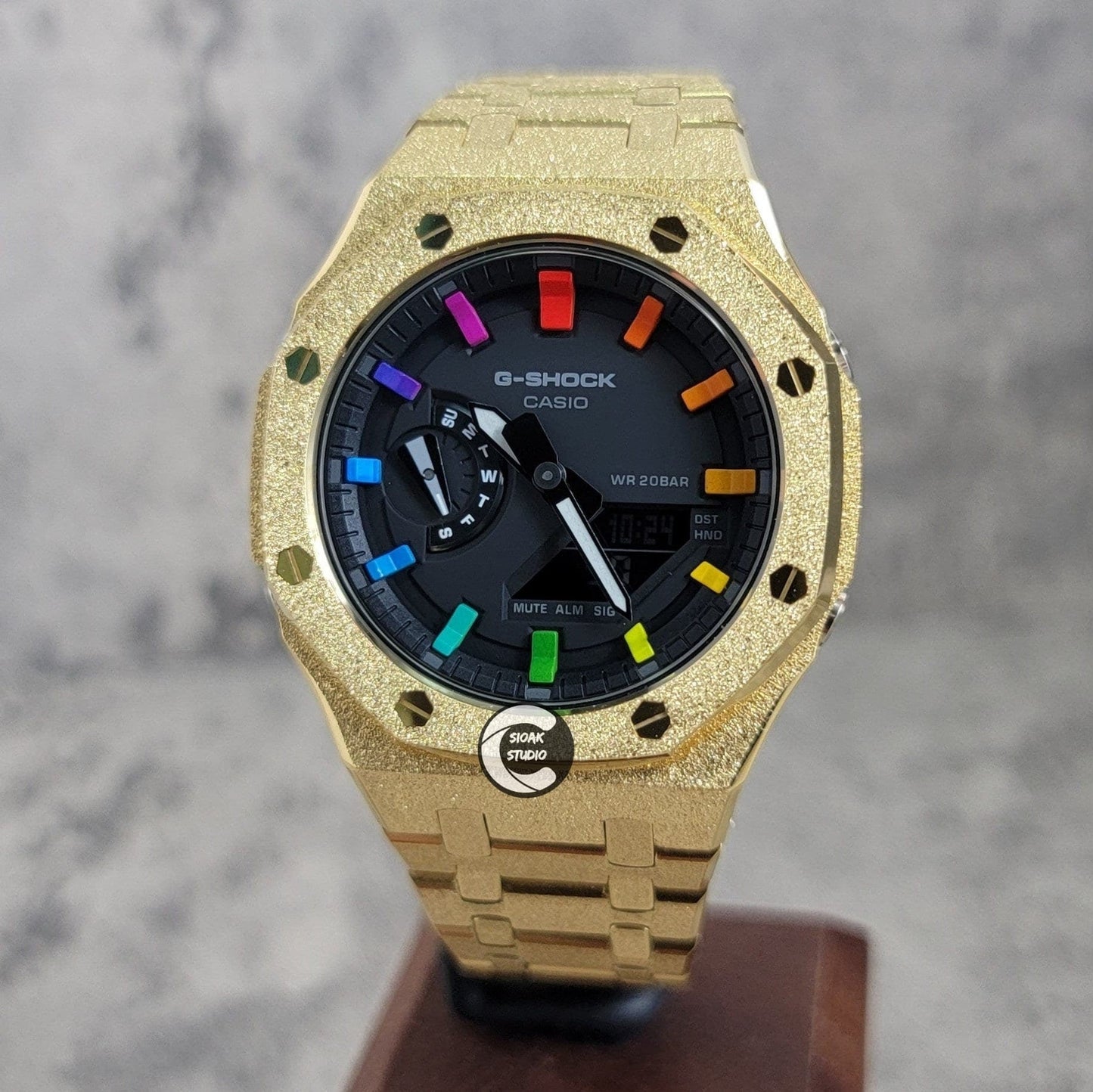 Casioak Mod Watch Frosted Gold Case Metal Strap Black Rainbow Time Mark Black Dial 44mm- Casioak Mod Casio G-Shock Royal Oak Custom Mens Luxury Watches Ga2100