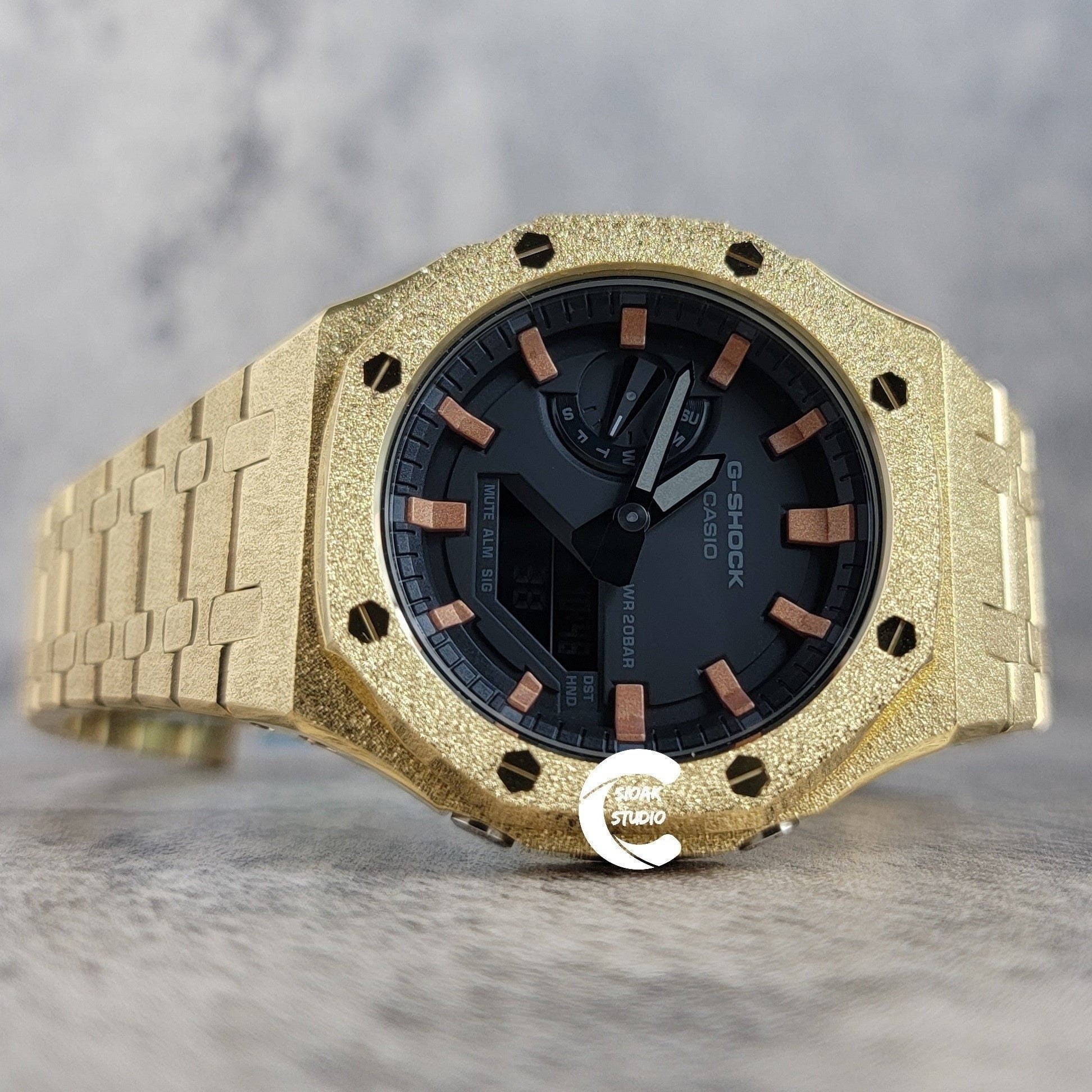 Casioak Mod Watch Frosted Gold Case Metal Strap Black Rose Gold Time Mark Black Dial 44mm- Casioak Mod Casio G-Shock Royal Oak Custom Mens Luxury Watches Ga2100