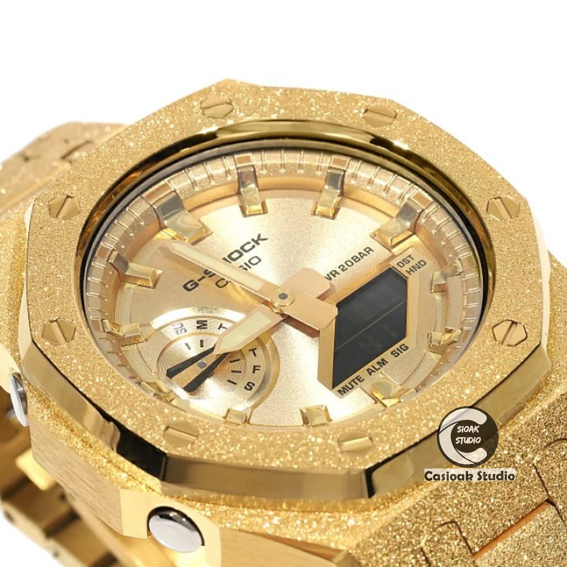 Casioak Mod Watch Frosted Gold Case Metal Strap Gold Time Mark Gold Dial 44mm- Casioak Mod Casio G-Shock Royal Oak Custom Mens Luxury Watches Ga2100