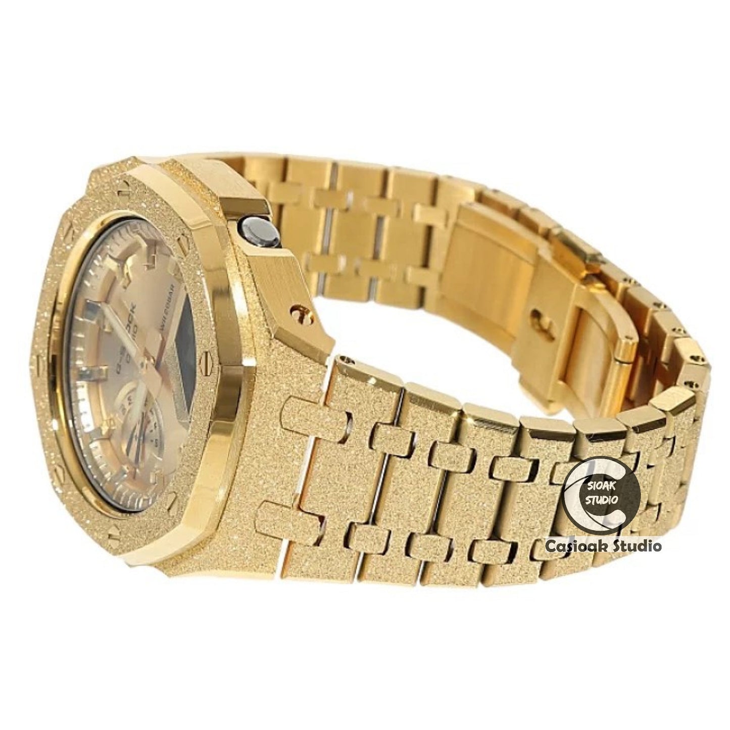 Casioak Mod Watch Frosted Gold Case Metal Strap Gold Time Mark Gold Dial 44mm- Casioak Mod Casio G-Shock Royal Oak Custom Mens Luxury Watches Ga2100