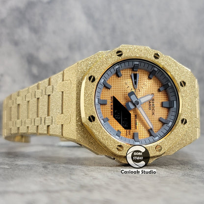 Casioak Mod Watch Frosted Gold Case Metal Strap Gray Time Mark Gold Waffle Dial 44mm- Casioak Mod Casio G-Shock Royal Oak Custom Mens Luxury Watches Ga2100