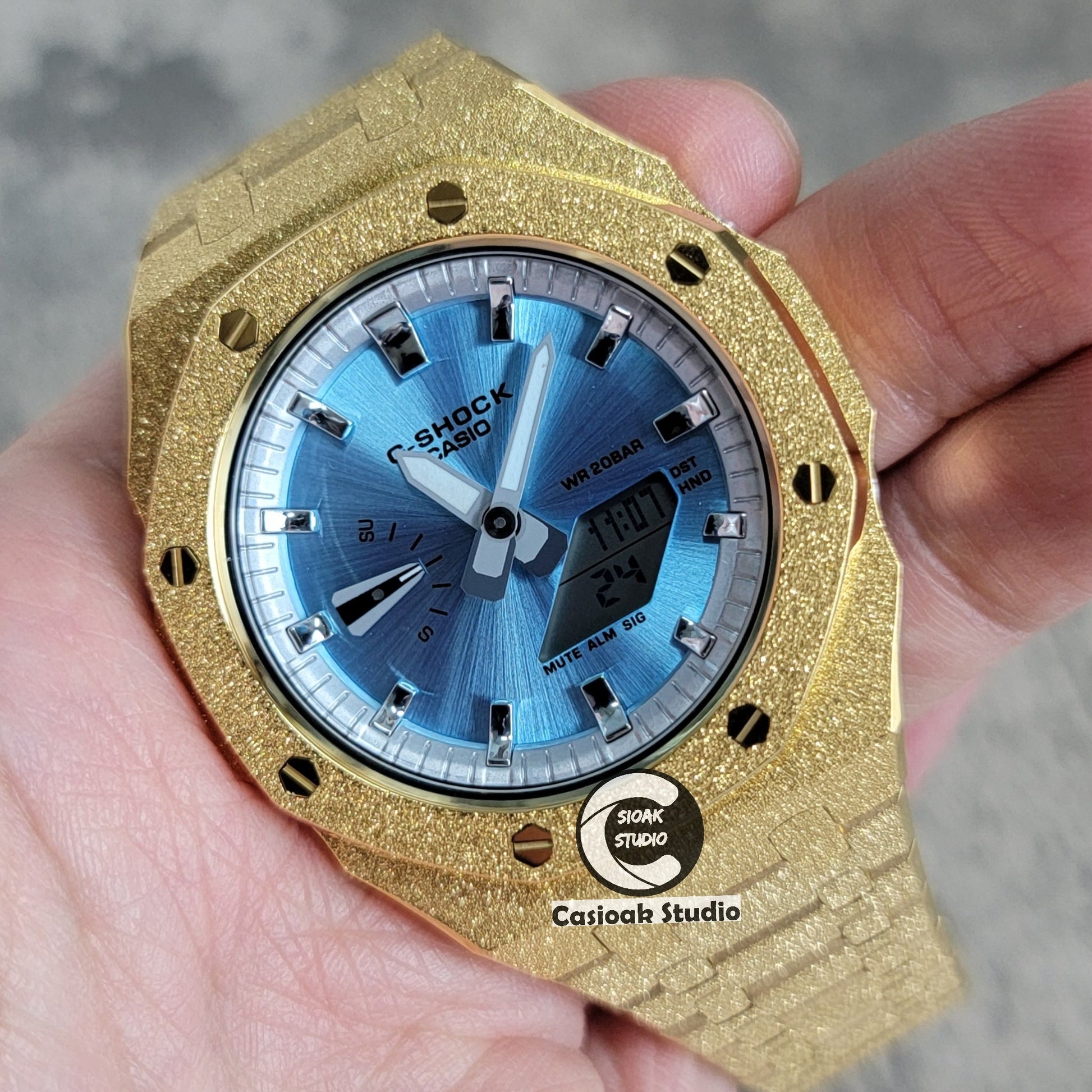 Casioak Mod Watch Frosted Gold Case Metal Strap Silver Time Mark Ice Blue Dial 44mm- Casioak Mod Casio G-Shock Royal Oak Custom Mens Luxury Watches Ga2100