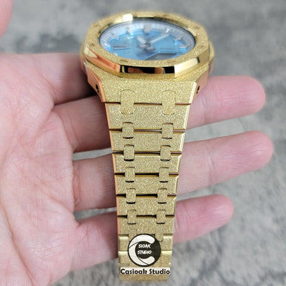 Casioak Mod Watch Frosted Gold Case Metal Strap Silver Time Mark Ice Blue Dial 44mm- Casioak Mod Casio G-Shock Royal Oak Custom Mens Luxury Watches Ga2100