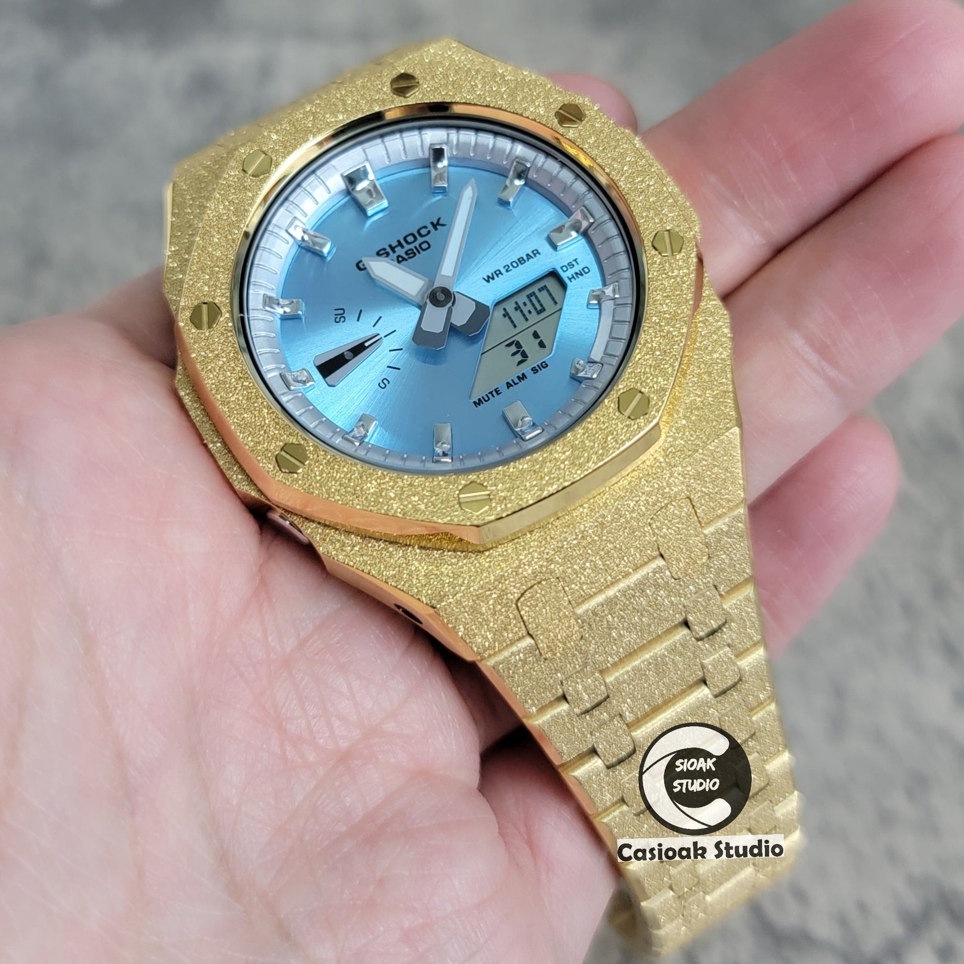 Casioak Mod Watch Frosted Gold Case Metal Strap Silver Time Mark Ice Blue Dial 44mm- Casioak Mod Casio G-Shock Royal Oak Custom Mens Luxury Watches Ga2100