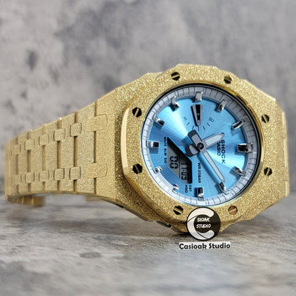 Casioak Mod Watch Frosted Gold Case Metal Strap Silver Time Mark Ice Blue Dial 44mm- Casioak Mod Casio G-Shock Royal Oak Custom Mens Luxury Watches Ga2100