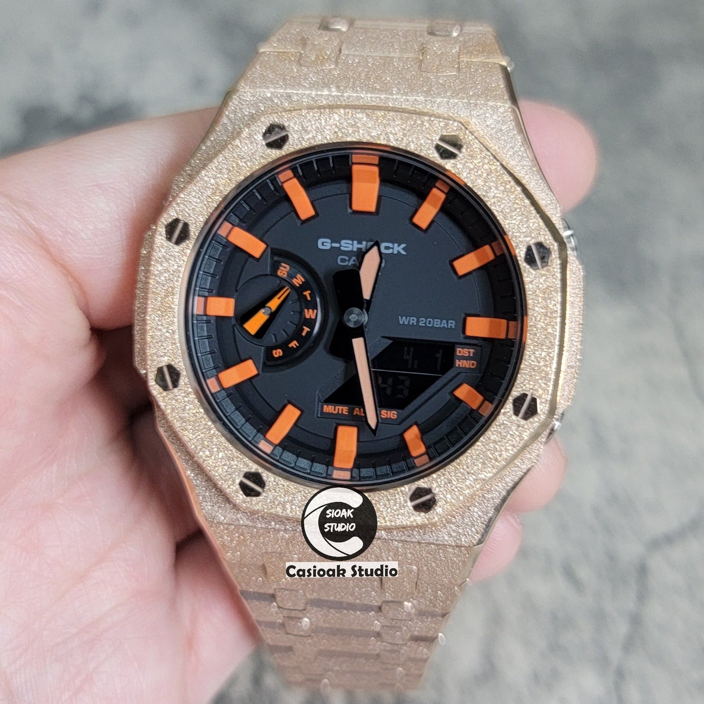 Casioak Mod Watch Frosted Rose Gold Case Metal Strap Black Orange Time Mark Black Dial 44mm- Casioak Mod Casio G-Shock Royal Oak Custom Mens Luxury Watches Ga2100