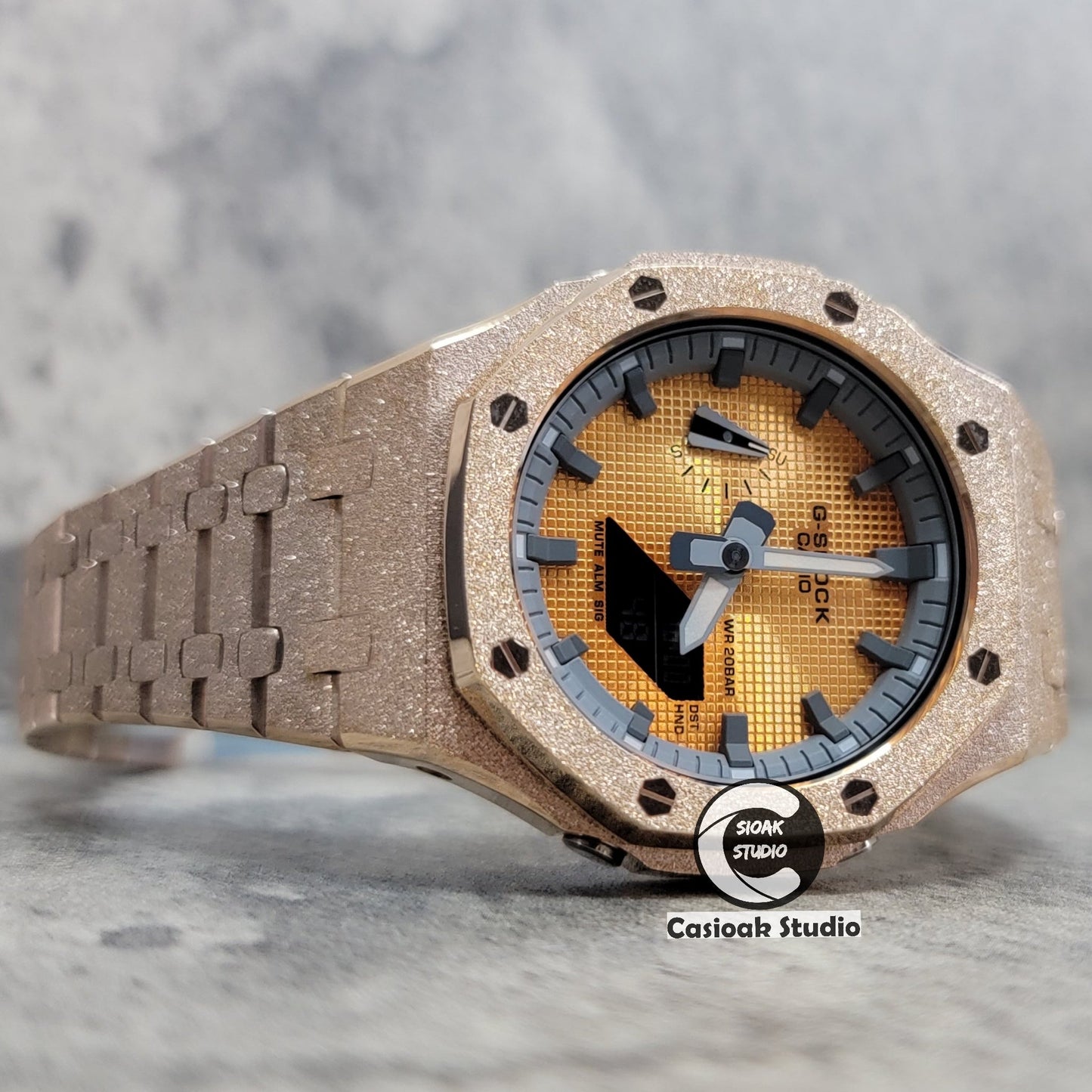 Casioak Mod Watch Frosted Rose Gold Case Metal Strap Gray Time Mark Gold Waffle Dial 44mm- Casioak Mod Casio G-Shock Royal Oak Custom Mens Luxury Watches Ga2100