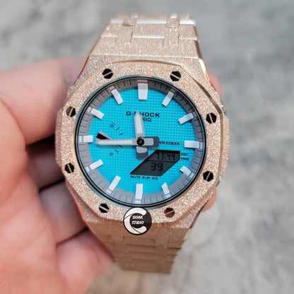 Casioak Mod Watch Frosted Rose Gold Case Metal Strap Light Gray White Time Mark Tiff Blue Dial 44mm- Casioak Mod Casio G-Shock Royal Oak Custom Mens Luxury Watches Ga2100