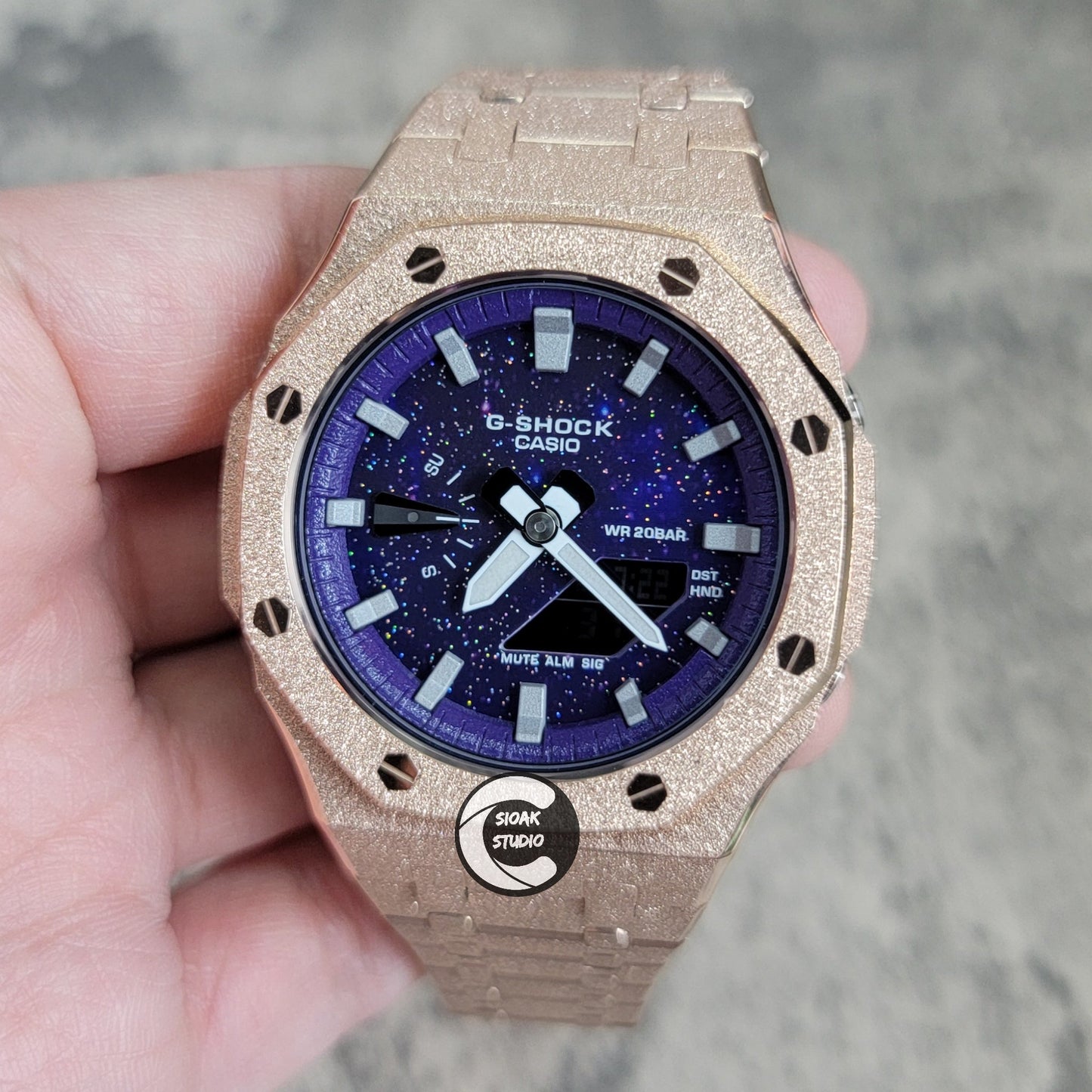 Casioak Mod Watch Frosted Rose Gold Case Metal Strap Purple Silver Time Mark Purple Dial 44mm- Casioak Mod Casio G-Shock Royal Oak Custom Mens Luxury Watches Ga2100