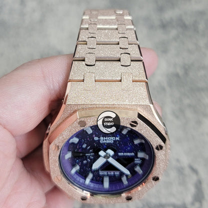 Casioak Mod Watch Frosted Rose Gold Case Metal Strap Purple Silver Time Mark Purple Dial 44mm- Casioak Mod Casio G-Shock Royal Oak Custom Mens Luxury Watches Ga2100