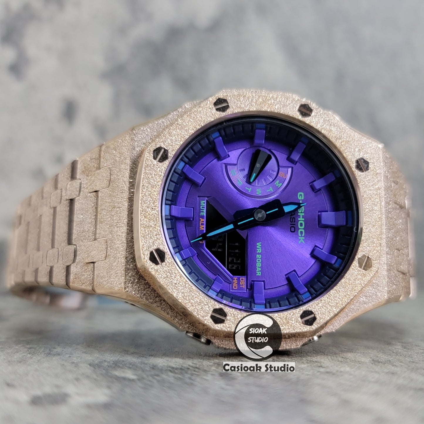 Casioak Mod Watch Frosted Rose Gold Case Metal Strap Purple Time Mark Purple Dial 44mm- Casioak Mod Casio G-Shock Royal Oak Custom Mens Luxury Watches Ga2100