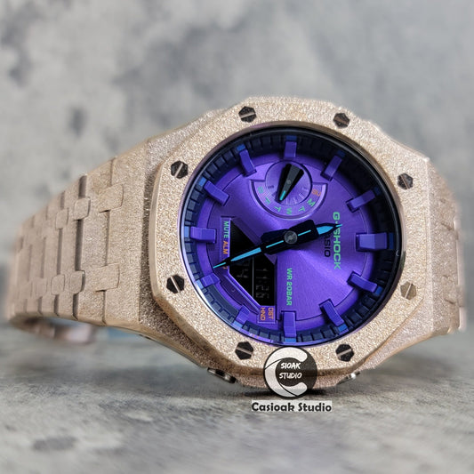 Casioak Mod Watch Frosted Rose Gold Case Metal Strap Purple Time Mark Purple Dial 44mm- Casioak Mod Casio G-Shock Royal Oak Custom Mens Luxury Watches Ga2100