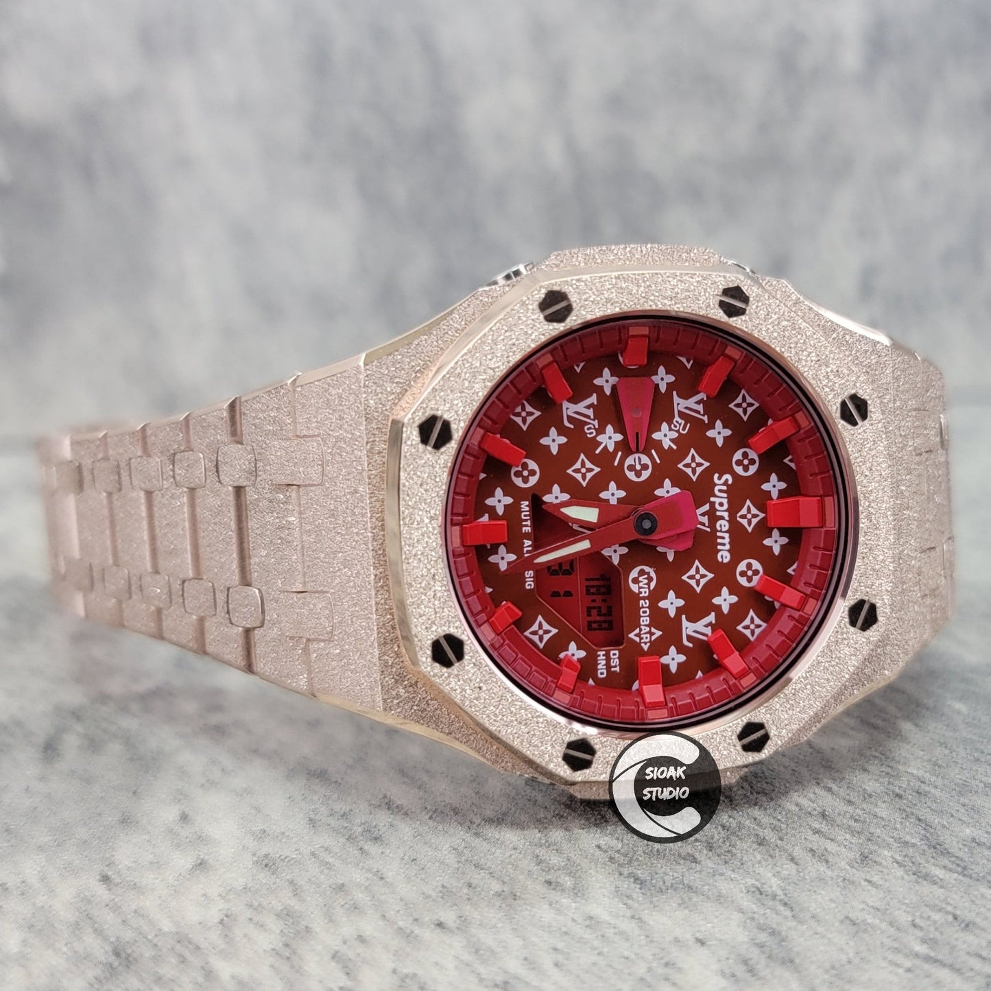 Casioak Mod Watch Frosted Rose Gold Case Metal Strap Red Time Mark Red Dial 44mm- Casioak Mod Casio G-Shock Royal Oak Custom Mens Luxury Watches Ga2100