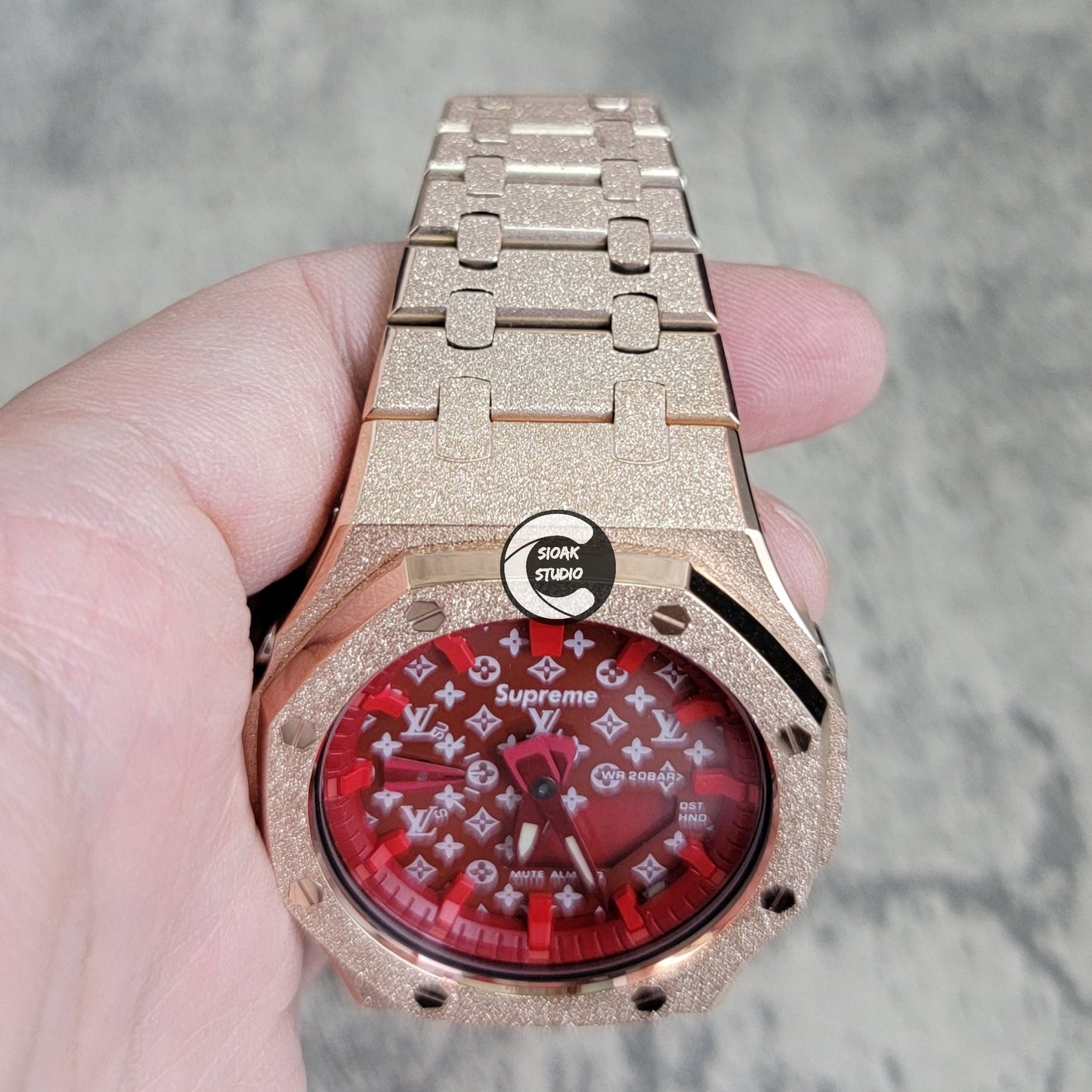 Casioak Mod Watch Frosted Rose Gold Case Metal Strap Red Time Mark Red Dial 44mm- Casioak Mod Casio G-Shock Royal Oak Custom Mens Luxury Watches Ga2100