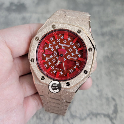 Casioak Mod Watch Frosted Rose Gold Case Metal Strap Red Time Mark Red Dial 44mm- Casioak Mod Casio G-Shock Royal Oak Custom Mens Luxury Watches Ga2100