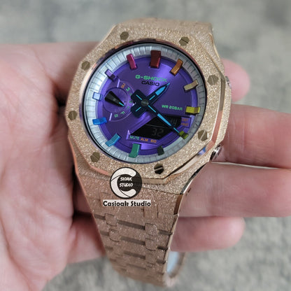 Casioak Mod Watch Frosted Rose Gold Case Metal Strap Silver Metallic Rainbow Time Mark Purple Dial 44mm- Casioak Mod Casio G-Shock Royal Oak Custom Mens Luxury Watches Ga2100