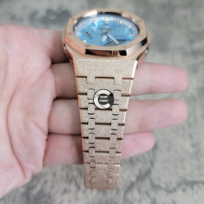 Casioak Mod Watch Frosted Rose Gold Case Metal Strap Silver Time Mark Ice Blue Dial 44mm- Casioak Mod Casio G-Shock Royal Oak Custom Mens Luxury Watches Ga2100