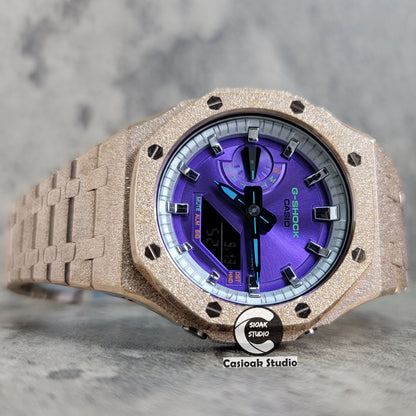 Casioak Mod Watch Frosted Rose Gold Case Metal Strap Silver Time Mark Purple Dial 44mm- Casioak Mod Casio G-Shock Royal Oak Custom Mens Luxury Watches Ga2100