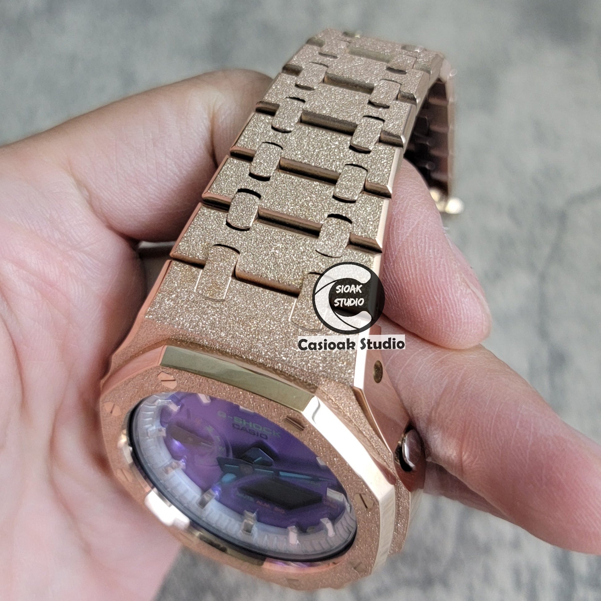 Casioak Mod Watch Frosted Rose Gold Case Metal Strap Silver Time Mark Purple Dial 44mm- Casioak Mod Casio G-Shock Royal Oak Custom Mens Luxury Watches Ga2100