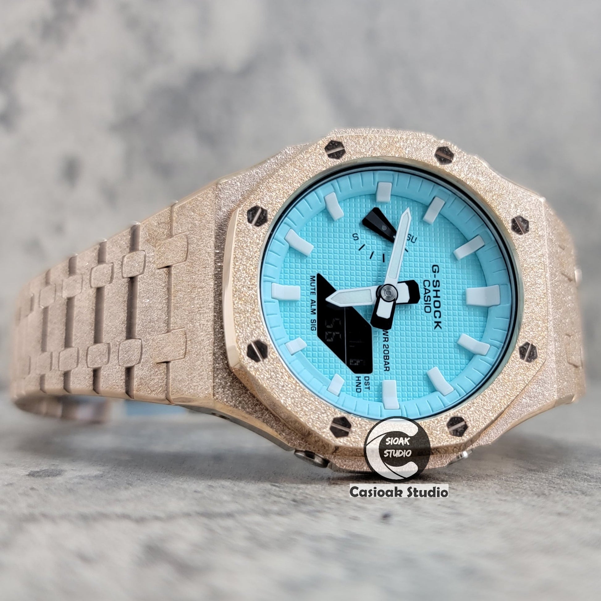 Casioak Mod Watch Frosted Rose Gold Case Metal Strap Tiff White Time Mark Tiff Blue Dial 44mm- Casioak Mod Casio G-Shock Royal Oak Custom Mens Luxury Watches Ga2100