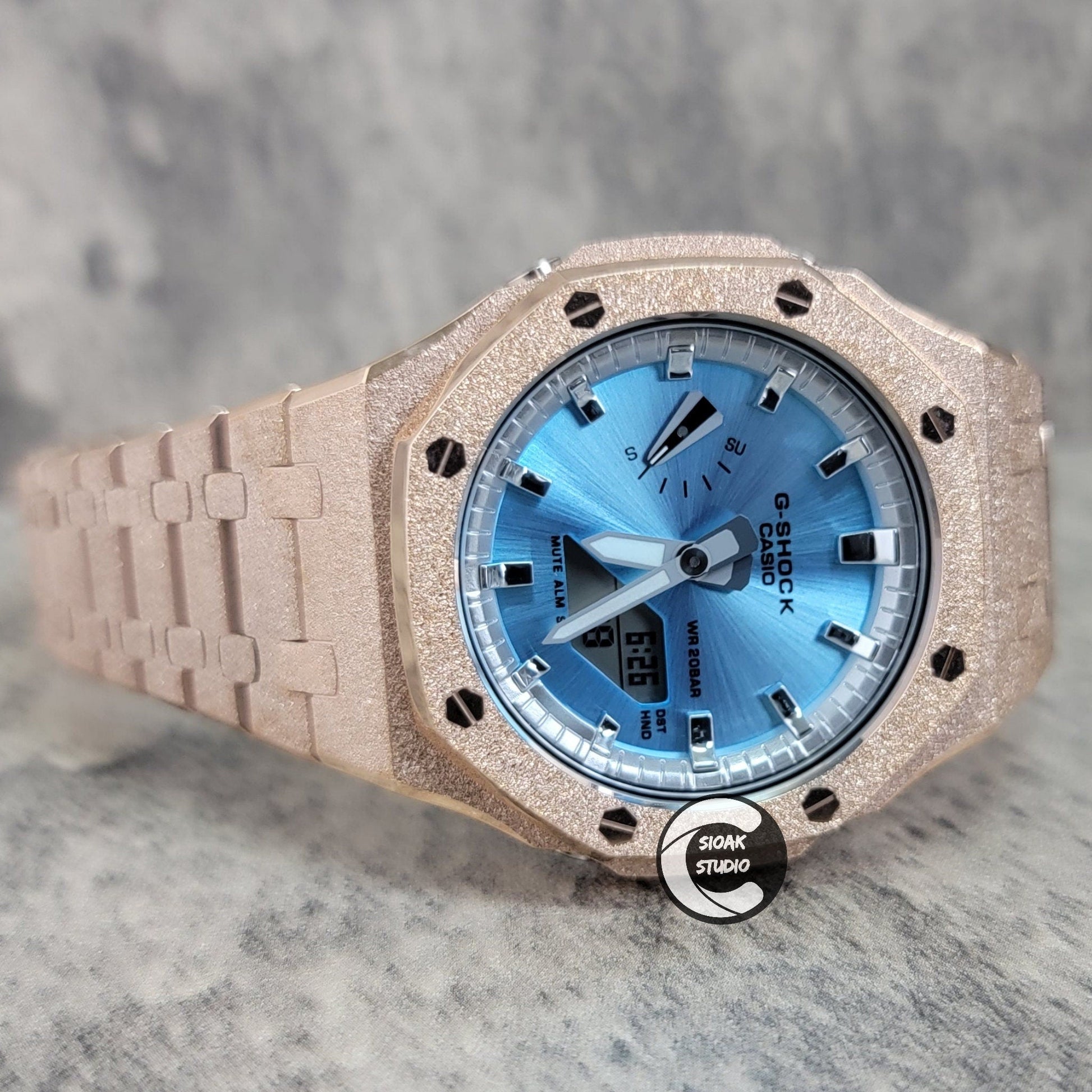 Casioak Mod Watch Frosted Rosegold Case Metal Strap Silver Time Mark Metallic Blue Dial 44mm Gift- Casioak Mod Casio G-Shock Royal Oak Custom Mens Luxury Watches Ga2100