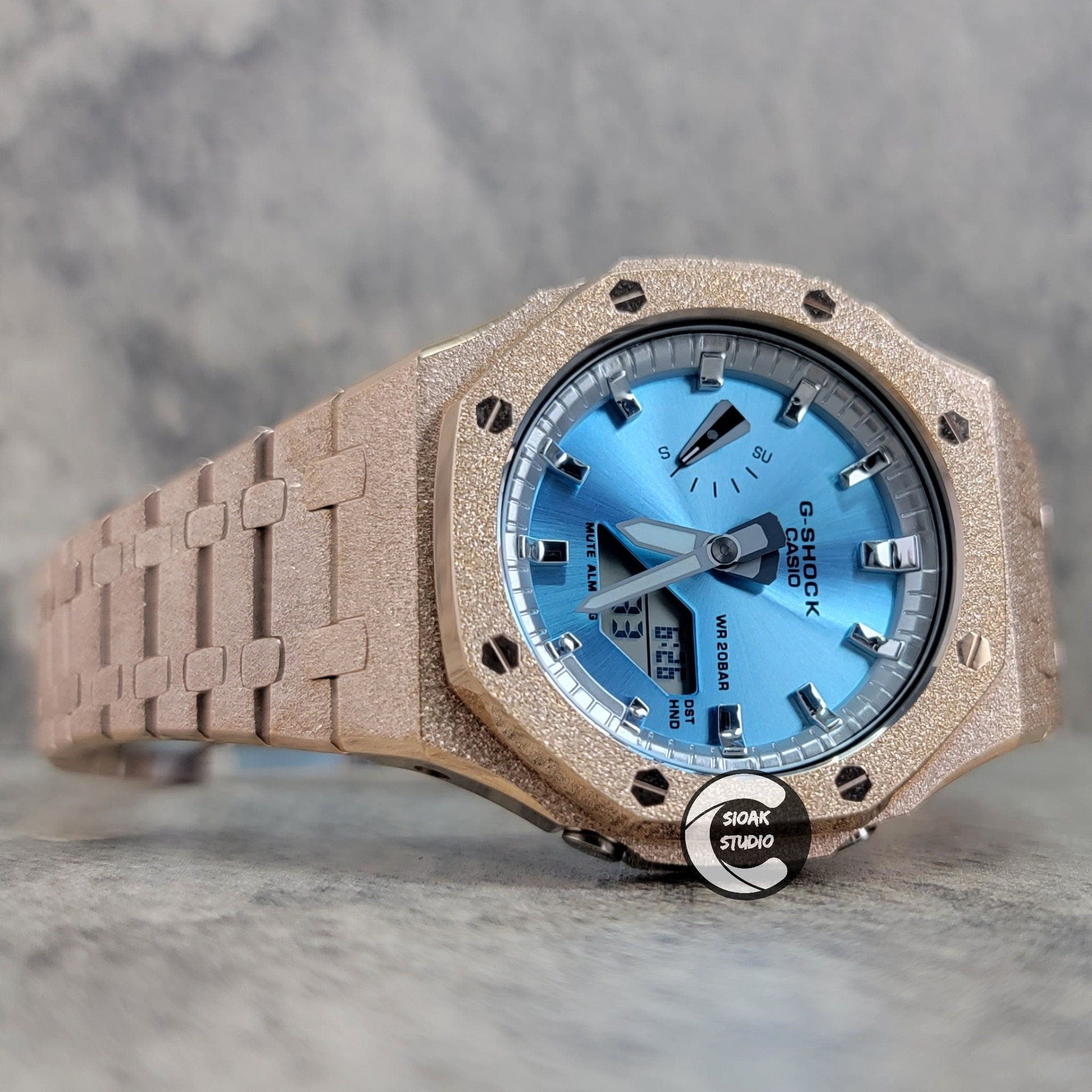 Casioak Mod Watch Frosted Rosegold Case Metal Strap Silver Time Mark Metallic Blue Dial 44mm Gift- Casioak Mod Casio G-Shock Royal Oak Custom Mens Luxury Watches Ga2100