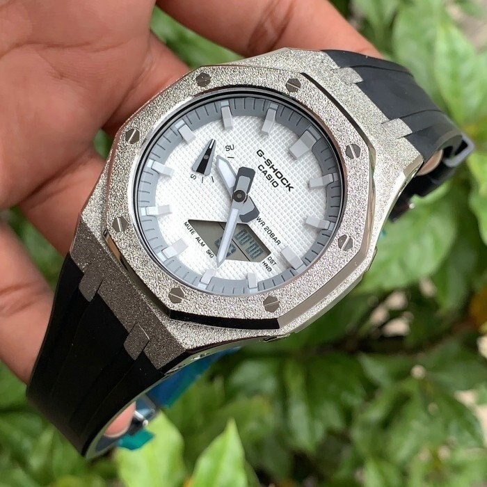 Casioak Mod Watch Frosted Silver Case Black Strap Gray White Time Mark White Dial 44mm  Men- Casioak Mod Casio G-Shock Royal Oak Custom Mens Luxury Watches Ga2100