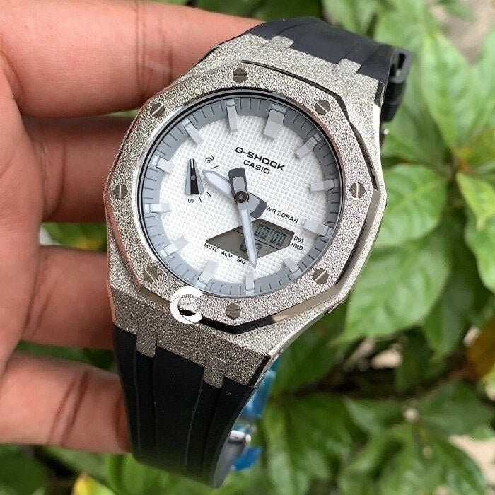 Casioak Mod Watch Frosted Silver Case Black Strap Gray White Time Mark White Dial 44mm  Men- Casioak Mod Casio G-Shock Royal Oak Custom Mens Luxury Watches Ga2100