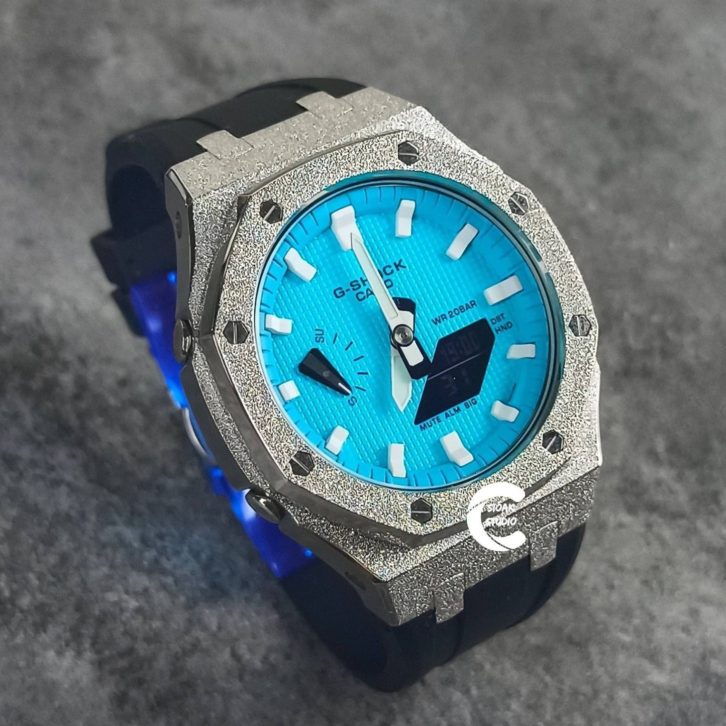 Casioak Mod Watch Frosted Silver Case Black Strap Tiff White Time Mark Tiff Blue Dial 44mm- Casioak Mod Casio G-Shock Royal Oak Custom Mens Luxury Watches Ga2100