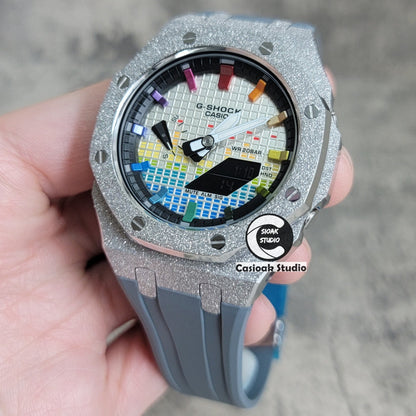 Casioak Mod Watch Frosted Silver Case Gray Strap Black Rainbow Time Mark Music Dial 44mm- Casioak Mod Casio G-Shock Royal Oak Custom Mens Luxury Watches Ga2100