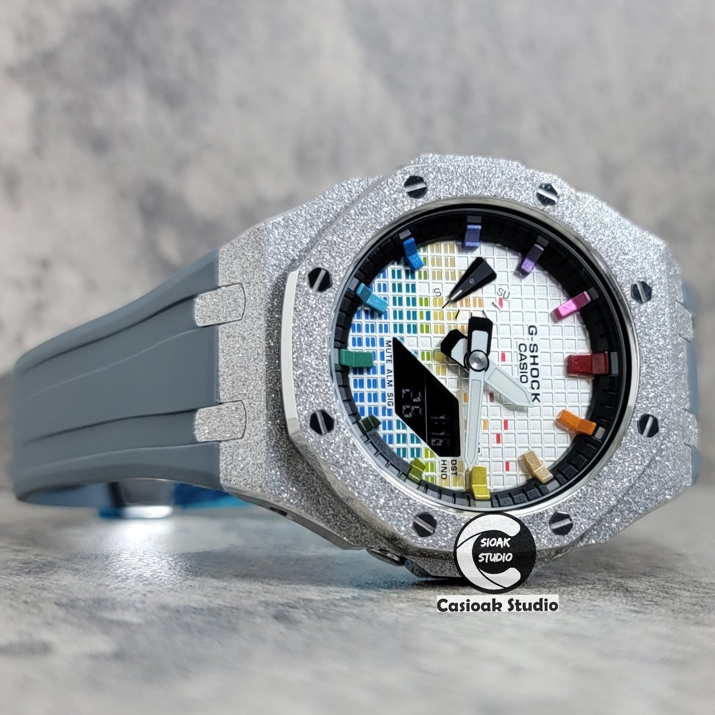 Casioak Mod Watch Frosted Silver Case Gray Strap Black Rainbow Time Mark Music Dial 44mm- Casioak Mod Casio G-Shock Royal Oak Custom Mens Luxury Watches Ga2100