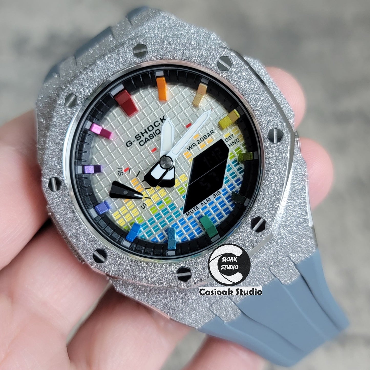 Casioak Mod Watch Frosted Silver Case Gray Strap Black Rainbow Time Mark Music Dial 44mm- Casioak Mod Casio G-Shock Royal Oak Custom Mens Luxury Watches Ga2100