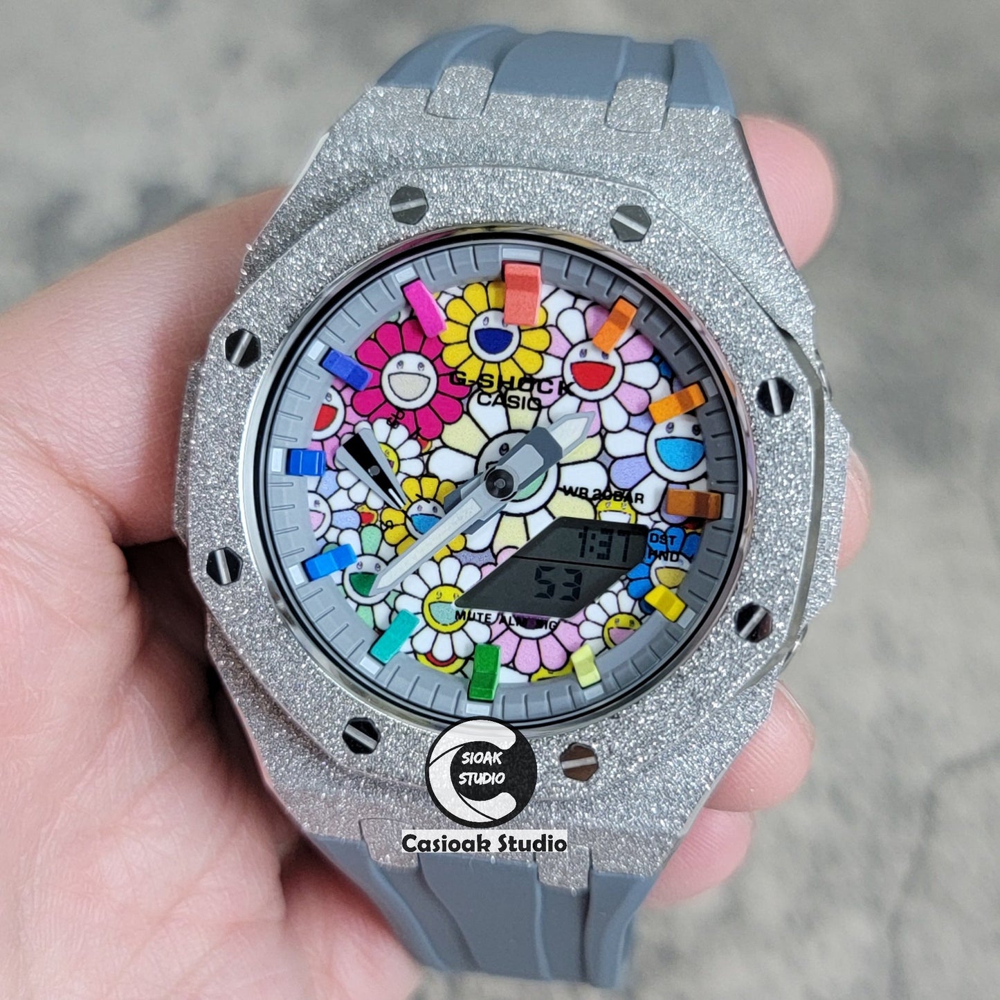 Casioak Mod Watch Frosted Silver Case Gray Strap Gray Rainbow Time Mark Takashi Murakami Dial 44mm- Casioak Mod Casio G-Shock Royal Oak Custom Mens Luxury Watches Ga2100