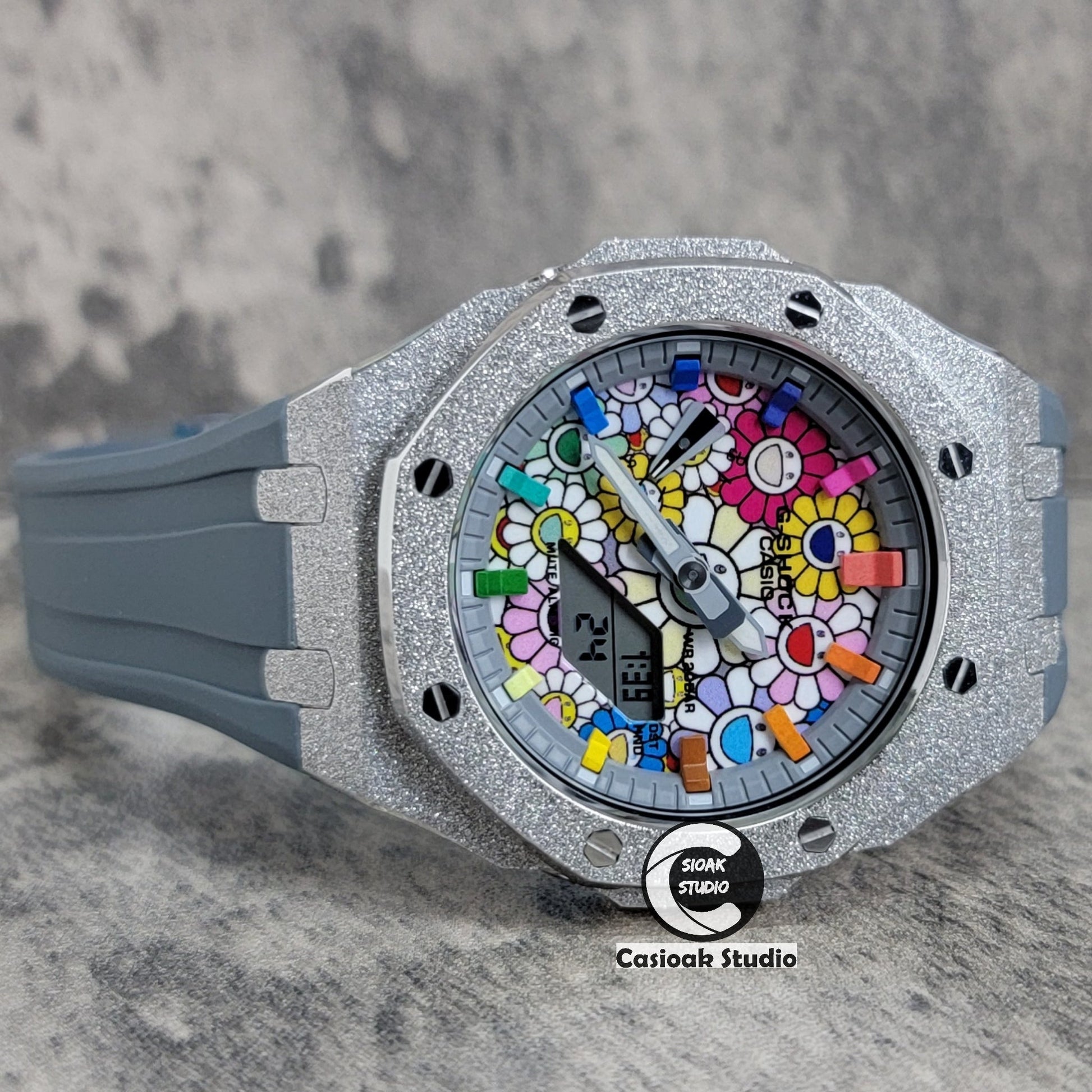 Casioak Mod Watch Frosted Silver Case Gray Strap Gray Rainbow Time Mark Takashi Murakami Dial 44mm- Casioak Mod Casio G-Shock Royal Oak Custom Mens Luxury Watches Ga2100