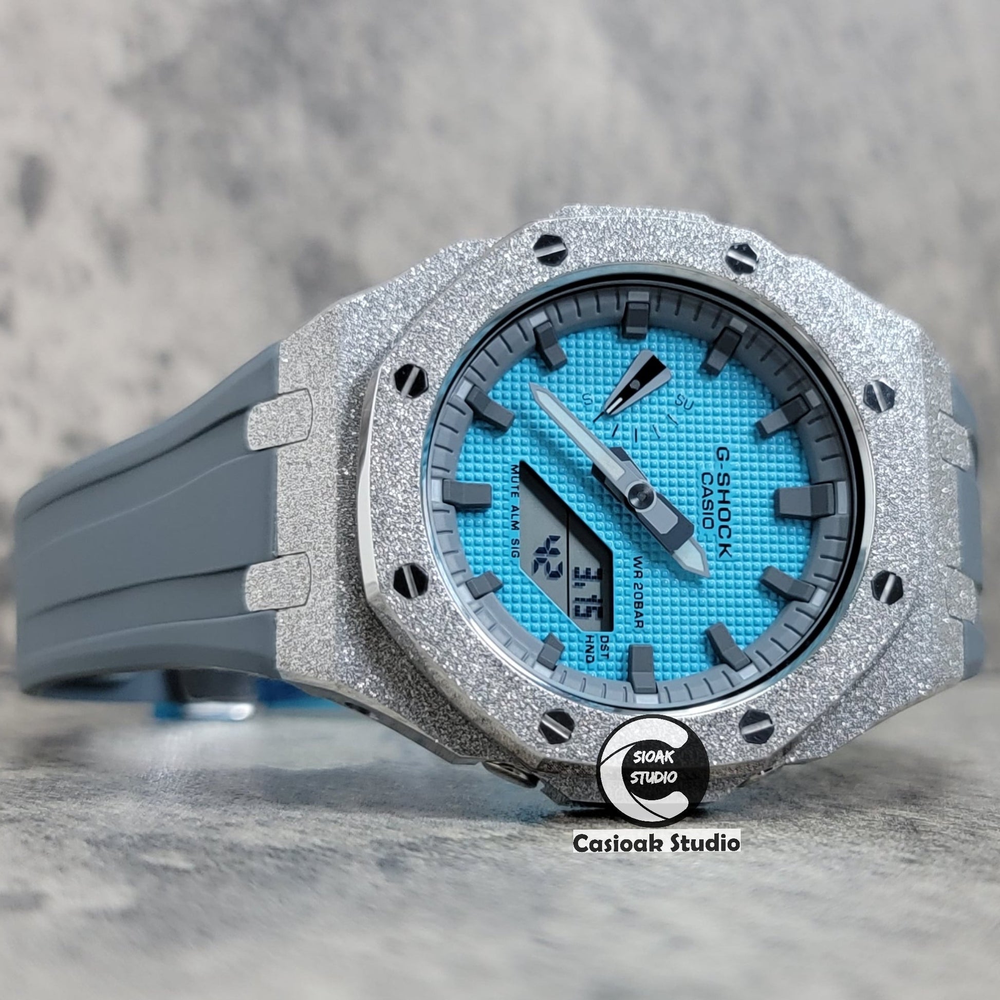 Casioak Mod Watch Frosted Silver Case Gray Strap Gray Time Mark Tiff Blue Dial 44mm- Casioak Mod Casio G-Shock Royal Oak Custom Mens Luxury Watches Ga2100