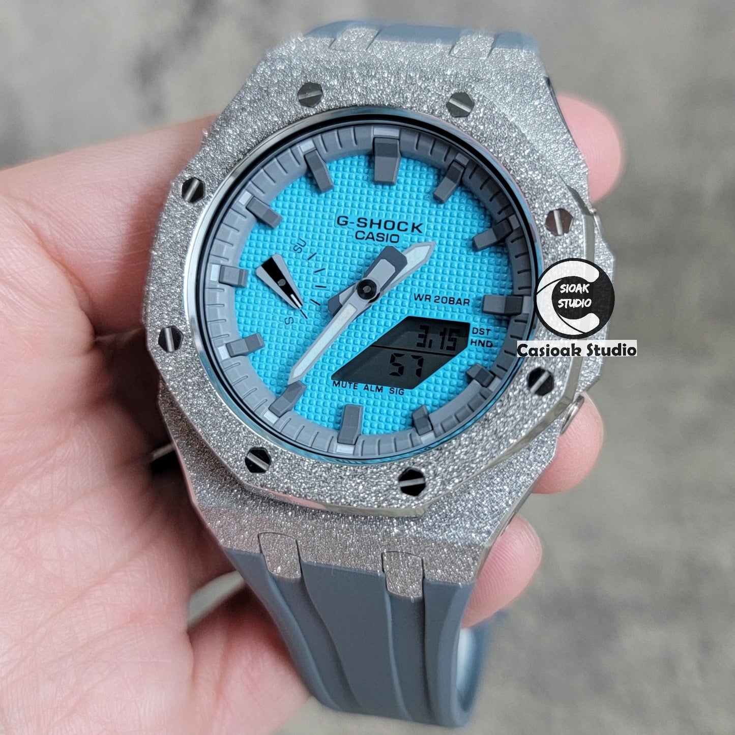 Casioak Mod Watch Frosted Silver Case Gray Strap Gray Time Mark Tiff Blue Dial 44mm- Casioak Mod Casio G-Shock Royal Oak Custom Mens Luxury Watches Ga2100