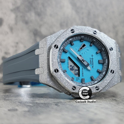 Casioak Mod Watch Frosted Silver Case Gray Strap Gray Time Mark Tiff Blue Dial 44mm- Casioak Mod Casio G-Shock Royal Oak Custom Mens Luxury Watches Ga2100