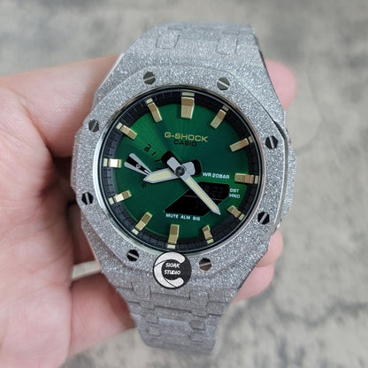 Casioak Mod Watch Frosted Silver Case Metal Strap Black Gold Time Mark Green Dial 44mm- Casioak Mod Casio G-Shock Royal Oak Custom Mens Luxury Watches Ga2100