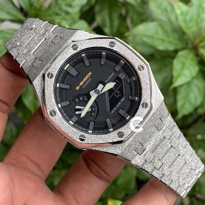 Casioak Mod Watch Frosted Silver Case Metal Strap Black Gray Time Mark Black Dial 44mm- Casioak Mod Casio G-Shock Royal Oak Custom Mens Luxury Watches Ga2100