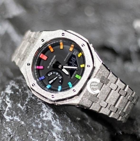 Casioak Mod Watch Frosted Silver Case Metal Strap Black Rainbow Time Mark Black Dial 44mm- Casioak Mod Casio G-Shock Royal Oak Custom Mens Luxury Watches Ga2100