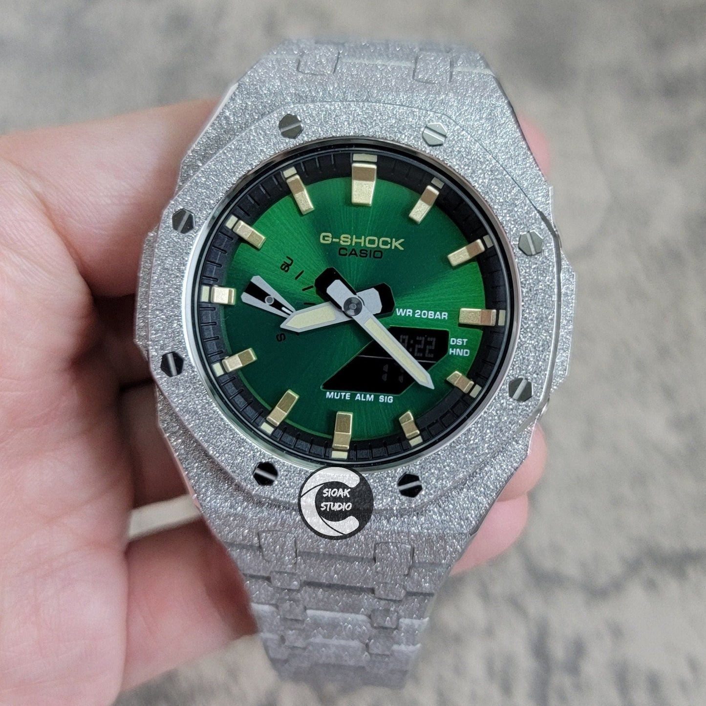 Casioak Mod Watch Frosted Silver Case Metal Strap Gold Time Mark Green Dial 44mm- Casioak Mod Casio G-Shock Royal Oak Custom Mens Luxury Watches Ga2100