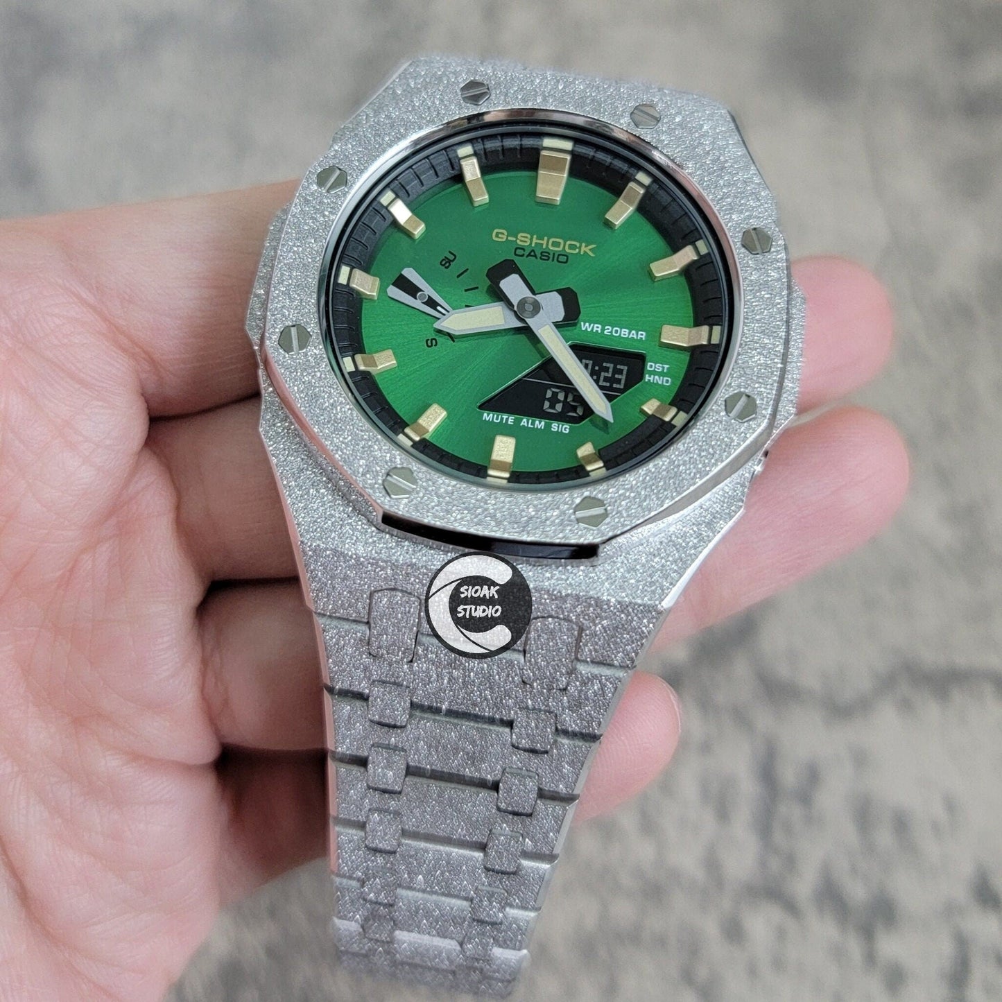 Casioak Mod Watch Frosted Silver Case Metal Strap Gold Time Mark Green Dial 44mm- Casioak Mod Casio G-Shock Royal Oak Custom Mens Luxury Watches Ga2100