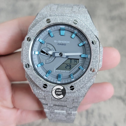 Casioak Mod Watch Frosted Silver Case Metal Strap Gray Blue Time Mark Gray Dial 44mm- Casioak Mod Casio G-Shock Royal Oak Custom Mens Luxury Watches Ga2100