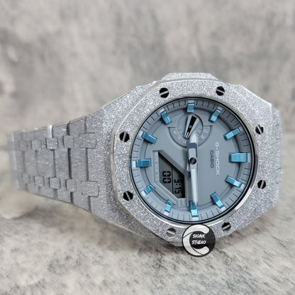 Casioak Mod Watch Frosted Silver Case Metal Strap Gray Blue Time Mark Gray Dial 44mm- Casioak Mod Casio G-Shock Royal Oak Custom Mens Luxury Watches Ga2100