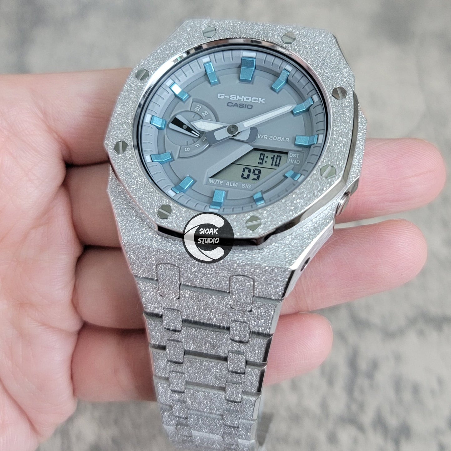 Casioak Mod Watch Frosted Silver Case Metal Strap Gray Blue Time Mark Gray Dial 44mm- Casioak Mod Casio G-Shock Royal Oak Custom Mens Luxury Watches Ga2100