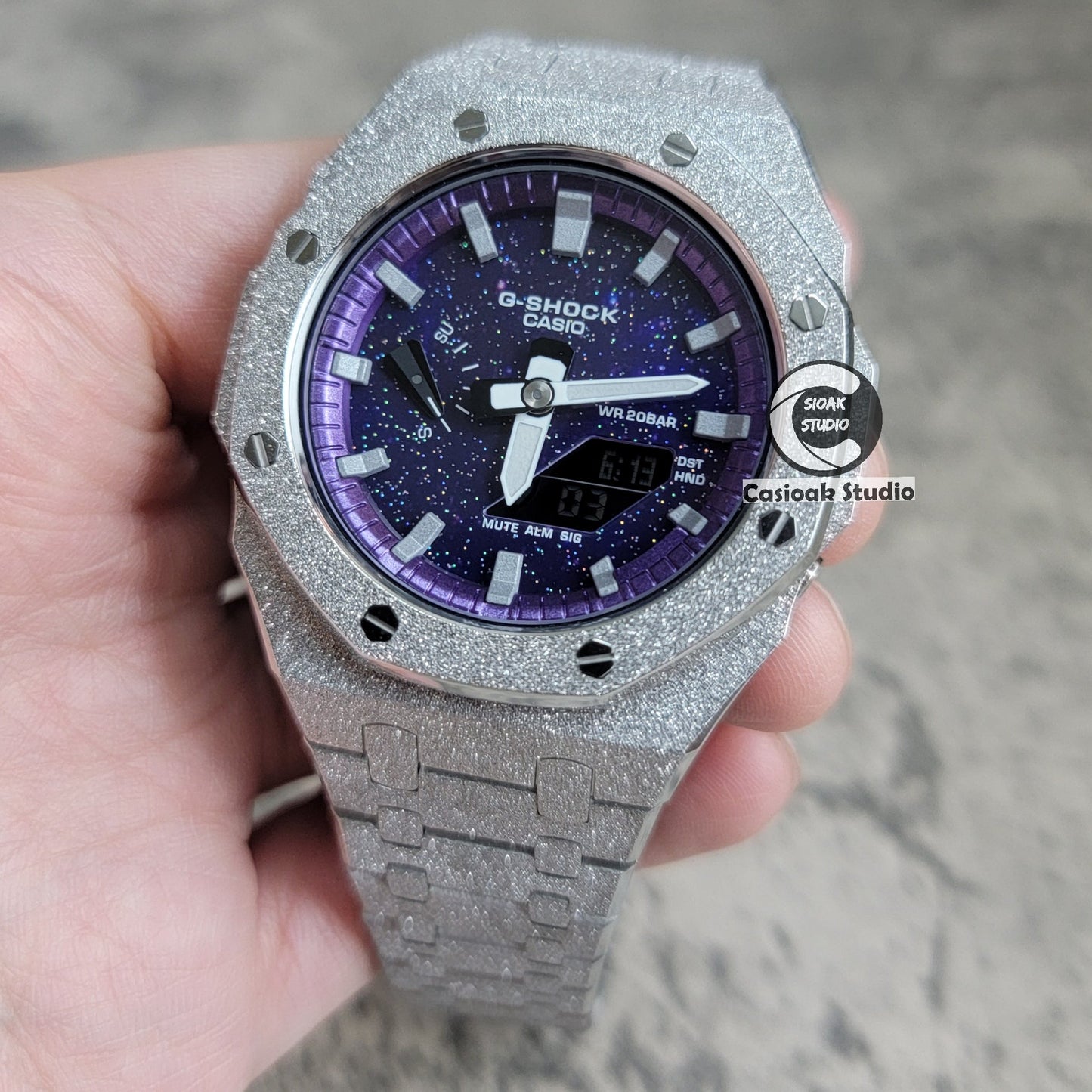 Casioak Mod Watch Frosted Silver Case Metal Strap Purple Silver Time Mark Purple Dial 44mm- Casioak Mod Casio G-Shock Royal Oak Custom Mens Luxury Watches Ga2100