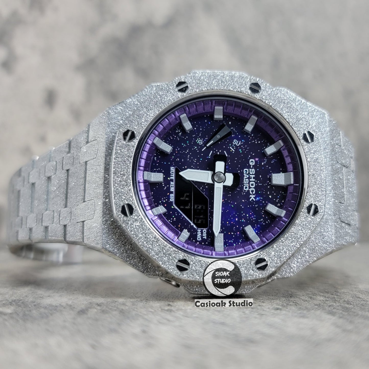 Casioak Mod Watch Frosted Silver Case Metal Strap Purple Silver Time Mark Purple Dial 44mm- Casioak Mod Casio G-Shock Royal Oak Custom Mens Luxury Watches Ga2100