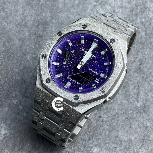 Casioak Mod Watch Frosted Silver Case Metal Strap Purple Silver Time Mark Purple Dial 44mm- Casioak Mod Casio G-Shock Royal Oak Custom Mens Luxury Watches Ga2100