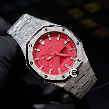 Casioak Mod Watch Frosted Silver Case Metal Strap Red Silver Time Mark Red Dial 44mm- Casioak Mod Casio G-Shock Royal Oak Custom Mens Luxury Watches Ga2100